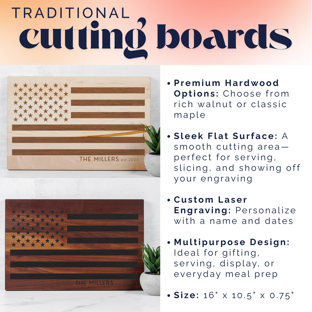 Personalized American Flag Cutting Board – Custom Engraved Wood Board, Patriotic Kitchen Decor, Housewarming or Wedding Gift