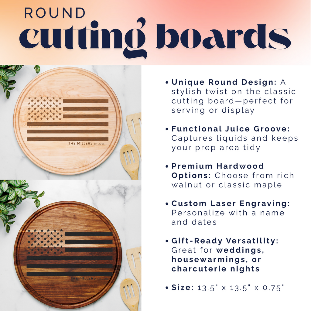 Personalized American Flag Cutting Board – Custom Engraved Wood Board, Patriotic Kitchen Decor, Housewarming or Wedding Gift