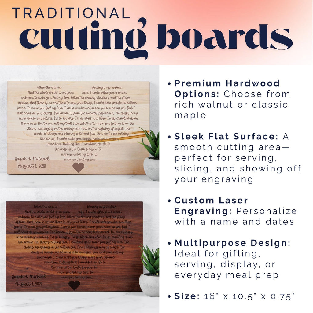 Engraved Wedding Song Lyrics Cutting Board – Personalized First Dance Lyrics, Wooden Anniversary Gift, Custom 5th Anniversary Present